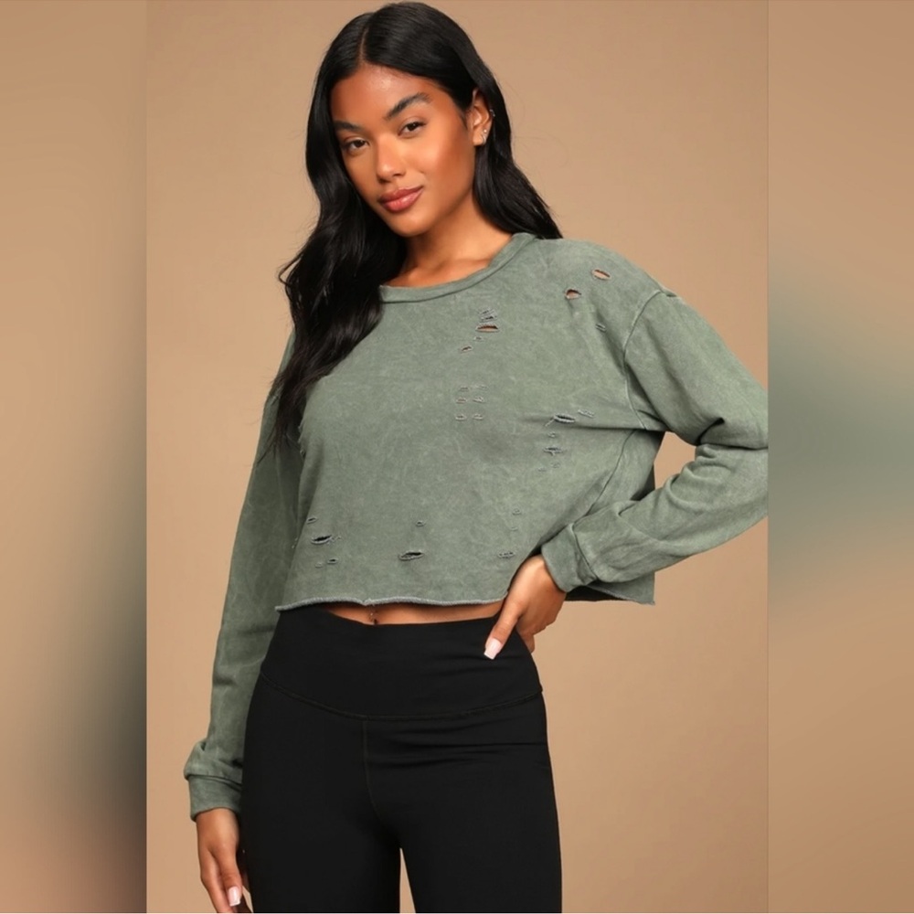 Lulu's Olive Green Distressed Sweatshirt